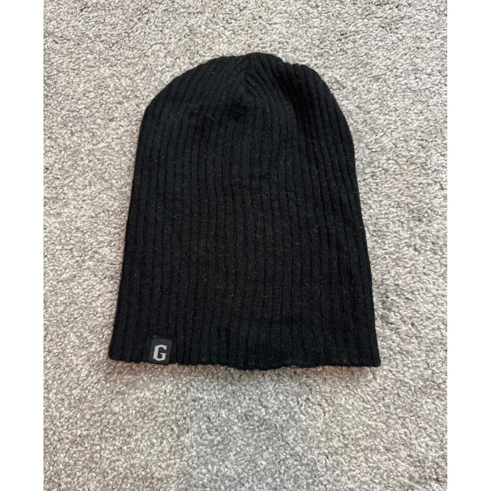 Mens Black Ribbed Beanie Winter Hat Knit Cap G Logo Patch